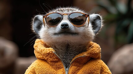 Wall Mural - Meerkat wearing sunglasses and a stylish jacket poses confidently in a playful environment