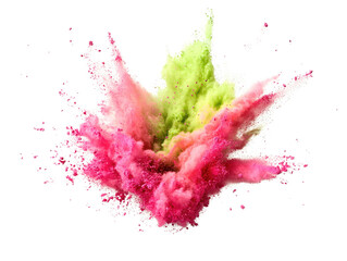 Poster - Colorful pink and green powder explosion creating a vibrant artistic effect on a white background isolated on a white background.