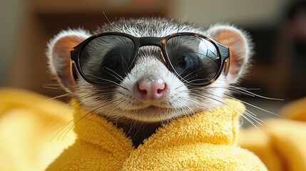 Sticker - Curious ferret wearing sunglasses and a yellow hoodie relaxing indoors