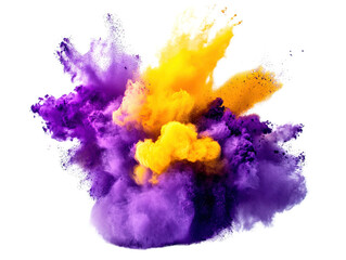 Poster - Vibrant purple and yellow powder explosion creating colorful abstract art against a dark background isolated on a white background.