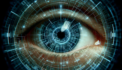 Poster - A hypnotic digital eye facing the camera, staring, observing and analyzing the viewer