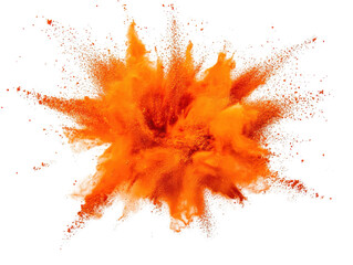 Poster - Orange powder explosion creating dynamic abstract art on a black background isolated on a white background.