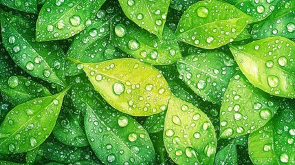 Wall Mural - Under a gentle rain, vivid green leaves glisten with countless droplets, capturing the beauty of nature's refreshment. Each raindrop sparkles, enhancing the garden's vibrant allure