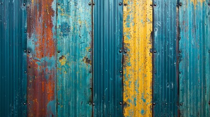Aufkleber - Colors dance across the surface of corrugated metal sheets, revealing an array of textures and tones