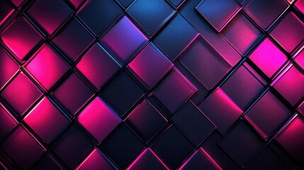 Poster - A vibrant, geometric pattern of 3D squares in shades of pink and blue, creating a dynamic and modern visual effect on a dark background.