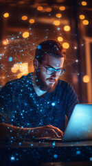 Poster - Young man using laptop with network connection graphic connecting his head to the computer in a dark office at night