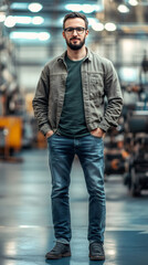 Aufkleber - Confident male engineer standing with hands in pockets, surrounded by advanced machinery in a modern industrial factory setting