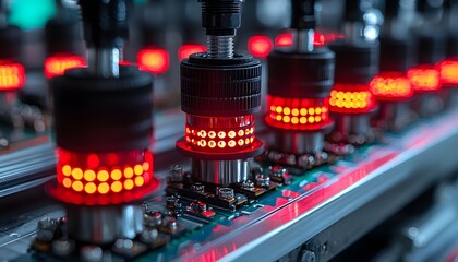 Poster - Close-up View of Electronic Components with Illuminated Red Indicators on a Circuit Board in a High-Tech Manufacturing Environment