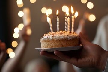 Wall Mural - Celebrating a joyful birthday with a decorated cake and lit candles surrounded by cheerful guests in a festive atmosphere