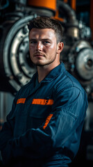 Aufkleber - Young engineer posing with crossed arms in front of industrial machinery, showcasing professionalism and expertise in factory setting