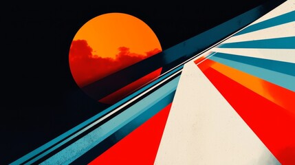 Poster - Abstract geometric composition with vibrant colors, sun silhouette, and sharp angular shapes