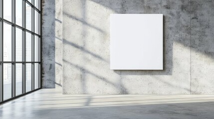 Poster - Minimalist interior design with blank white canvas on concrete wall and large windows for natural light