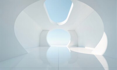 Wall Mural - Modern white interior, curved walls, sky view, minimalist design, architecture.