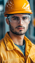 Poster - Young industrial worker wearing safety glasses, hardhat, standing confidently amid machinery and industrial setting