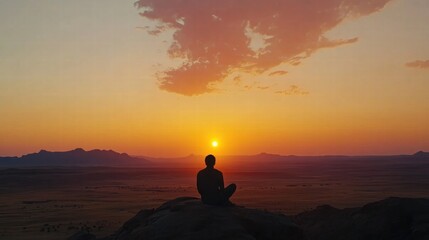 Aufkleber - Traveler enjoys stunning sunset view over vast landscape with mountain silhouettes. Generative AI