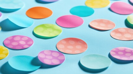 Wall Mural - Sheet of colorful round stickers, lying on a pastel blue background with clean shadows.