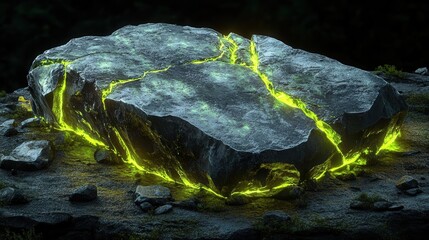 Poster - A glowing rock with intricate cracks emits vibrant green light, set against a dark background, evoking a mystical and ethereal atmosphere.