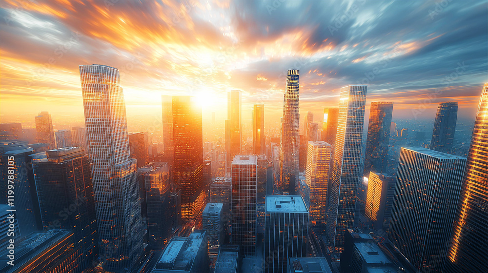 Fantastic view at modern Asian city with skyscrapers as Bangkok, Riyadh at sunset 