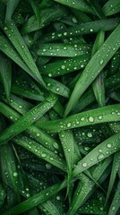 Aufkleber - Delicate water droplets cling to vivid green grass blades, capturing the soft morning light. The scene exudes tranquility and the beauty of nature's details, inviting peaceful reflection