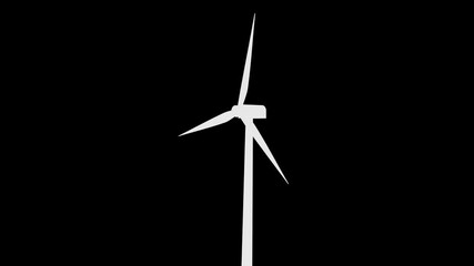 animated wind turbine generator with moving camera from front view to side view. animation footage video on alpha channel(transparent) background.