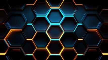 Poster - A vibrant, abstract hexagonal pattern featuring blue and orange highlights on a dark background, creating a futuristic design.