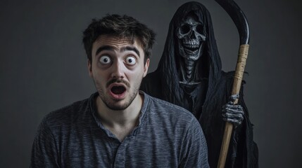 man with a surprised face and death behind