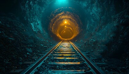 Poster - A Captivating Perspective of a Dark Underground Train Tunnel Illuminated by Glowing Lights Reflecting on the Rails and Walls in a Mysterious Atmosphere