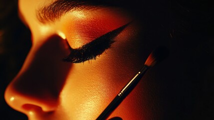 Wall Mural - Professional makeup artist applying dramatic evening makeup, warm studio lighting, vibrant and elegant tools