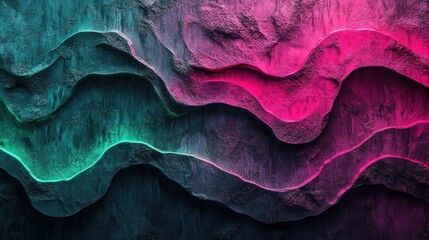 Poster - A vibrant, abstract image featuring layered waves in shades of teal and pink, creating a dynamic visual texture.