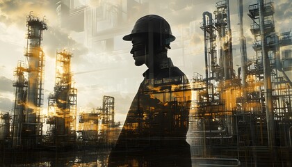 Poster - Industrial Worker Silhouette Against Refined Oil Plant with Dramatic Lighting and Background of Machinery and Equipment in an Urban Landscape