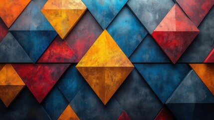 Poster - A vibrant abstract composition featuring colorful, textured triangles arranged in a geometric pattern against a dark backdrop.