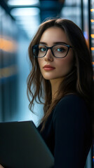 Canvas Print - Professional businesswoman working with laptop in high-tech server room, displaying technical proficiency and corporate leadership