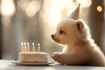 Wall Mural - Cute bear cub celebrates birthday with cake and candles in a cozy setting