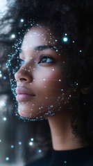 Leinwandbilder - Young woman wearing digital mesh overlay, representing AI technology, facial recognition, and neural network connectivity