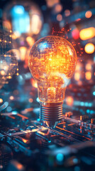 Aufkleber - Luminous electronic circuit within illuminated light bulb resting on computer motherboard, representing digital innovation