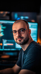 Aufkleber - Programmer working late at night developing new software using multiple computer monitors