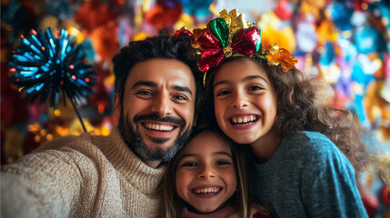 Wall Mural - Parents and kids laughing while taking a selfie with New Year’s props and a colorful photo booth backdrop	
