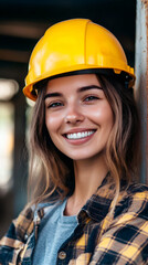 Poster - Female construction worker smiling, wearing yellow hardhat near building framework