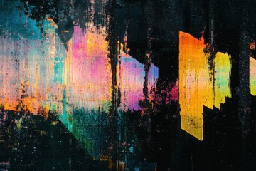 Poster - Colorful prism light reflections on black background, modern abstract art featuring cinematic sparkles, glitch effects, and luminous bokeh overlays for festive celebrations and creative projects