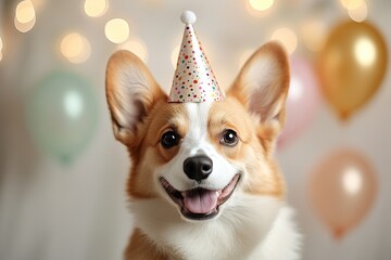 Wall Mural - Happy corgi dog wears a party hat and enjoys a festive celebration with balloons in a cheerful indoor setting