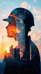 Poster - Double exposure of architect wearing hardhat and modern cityscape at sunset, concept of urban development and planning