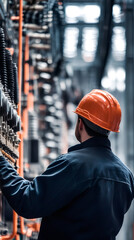 Poster - Skilled electrician inspecting power supply equipment, wearing protective orange safety helmet and uniform in