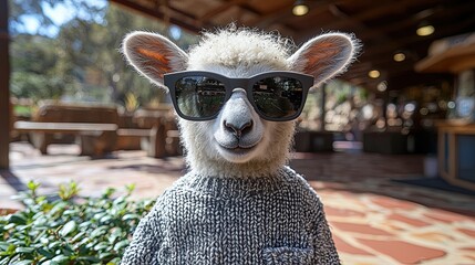 Poster - Sheep wearing sunglasses poses in a cozy outdoor café setting on a sunny day