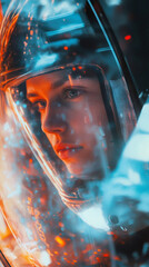 Aufkleber - Female astronaut peering through transparent helmet, spacecraft cockpit controls casting luminous ambient light around contemplative professional
