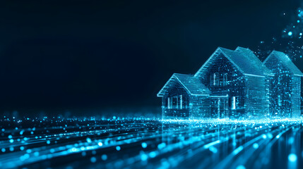 Aufkleber - Digital representation of a house with glowing blue lines and particles on a dark background