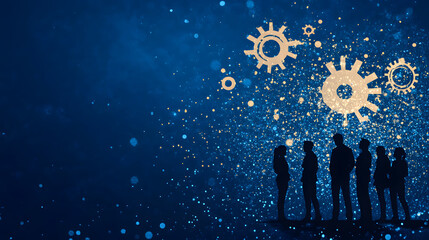 Poster - Silhouetted figures against a blue background with gear motifs representing teamwork and innovation