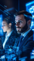 Aufkleber - Professional colleagues collaborating near holographic display, reviewing digital analytics in sleek corporate workspace