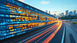 © sainan - vibrant cityscape showcasing dynamic data processing system with illuminated digital displays and light trails from moving vehicles, symbolizing real time communication