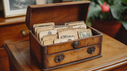 vintage wooden box filled with old photographs, showcasing memories and history. box is placed on wooden table, surrounded by greenery, evoking nostalgia