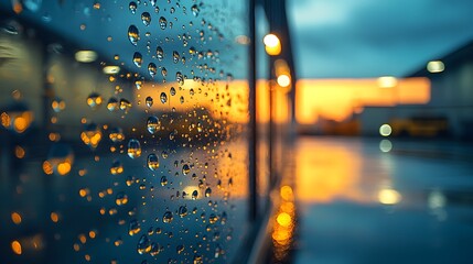 Poster - Reflections of a Dusk Sky Captured in Raindrops on Glass Surfaces with Glowing Lights and a Blurred Background Creating a Serene Atmosphere at Nightfall